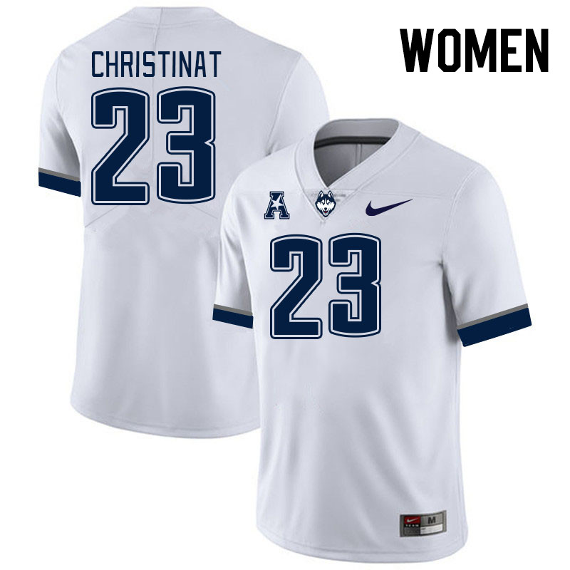 Women #23 Zach Christinat Connecticut Huskies College Football Jerseys Stitched Sale-White - Click Image to Close